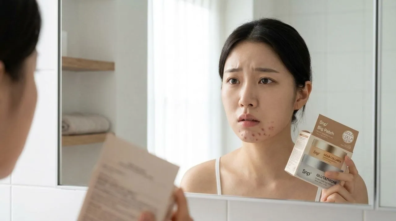 턱 트러블로 스트레스 받는 모습과 SNP 빅 패치 제품