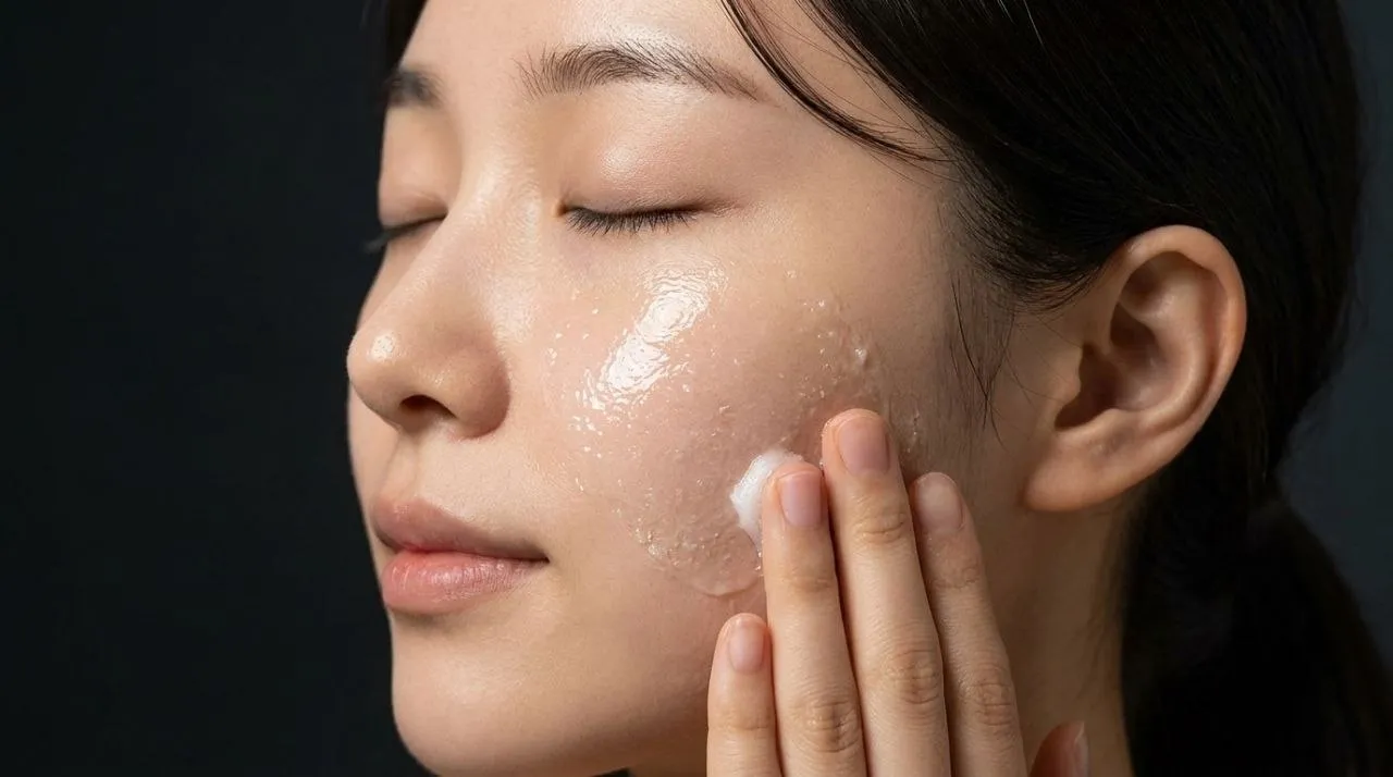 네시픽 클렌징밤을 얼굴에 부드럽게 롤링하며 메이크업을 녹여내는 모습