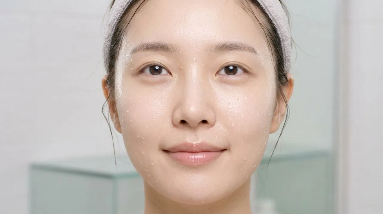 세안 후 물기가 살짝 남은 깨끗하고 촉촉한 피부를 클로즈업한 사진