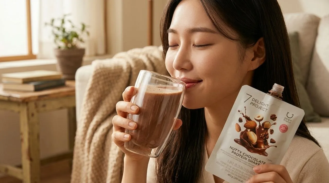 우유나 두유에 섞어 진하게 만든 단백질 쉐이크를 마시는 모습, 포만감과 만족감을 표현하는 감성적인 구도