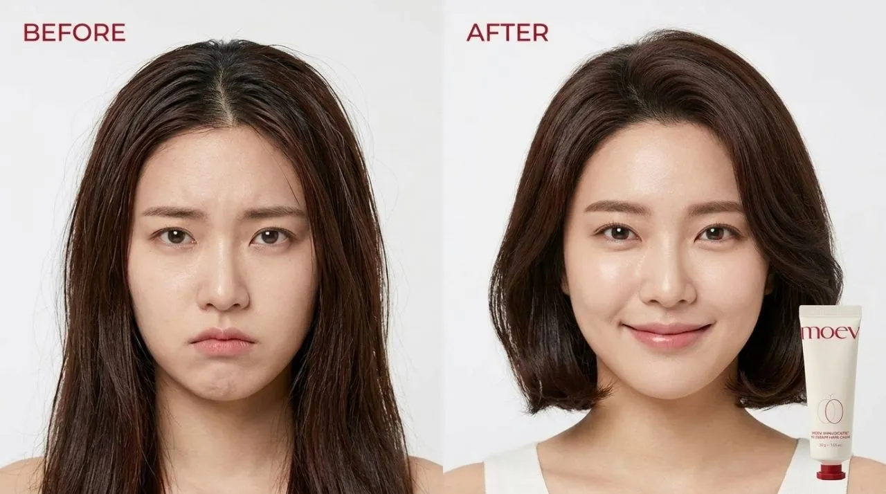모에브 아누카틴 노세범 헤어크림 사용 전후 비교 사진, 사용 후 머릿결이 보송하고 차분하게 정돈된 모습