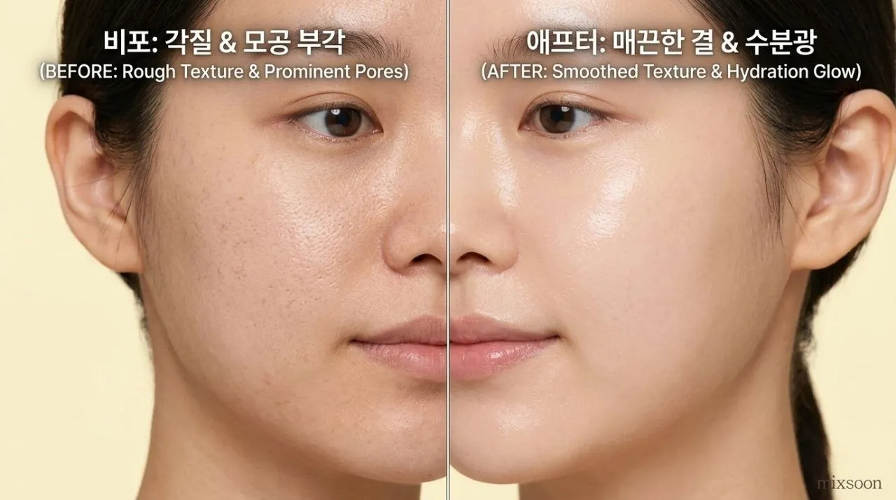 믹순 콩 에센스 사용 후 매끈하고 은은한 수분광이 도는 피부결