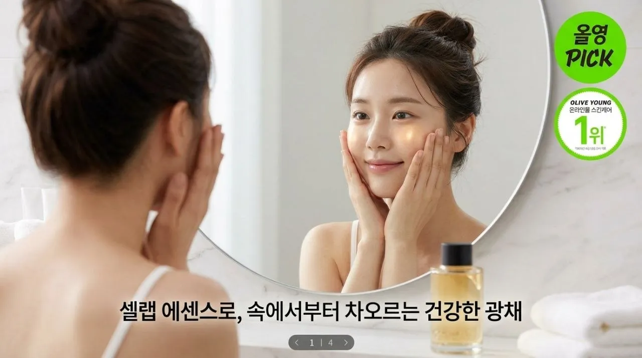 세포랩 바이오제닉 에센스를 바른 후 은은한 수분 광채가 도는 건강해 보이는 한국인 여성의 뺨