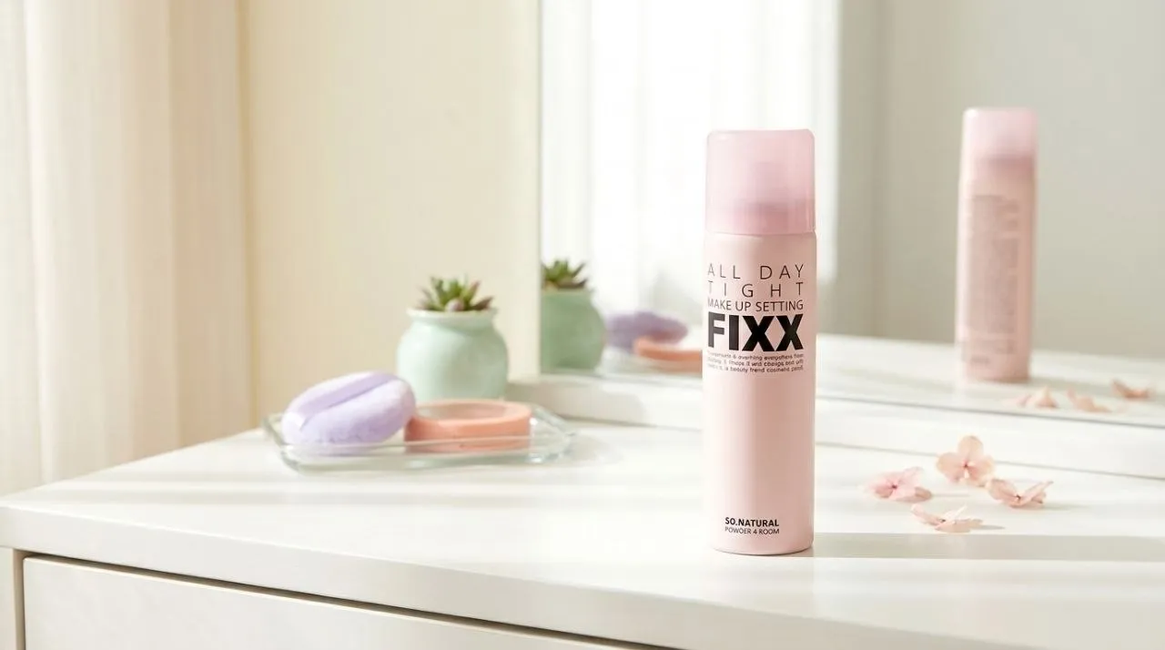 쏘내추럴 올 데이 타이트 메이크업 세팅 픽서 제품이 깔끔한 화장대 위에 놓여있는 모습