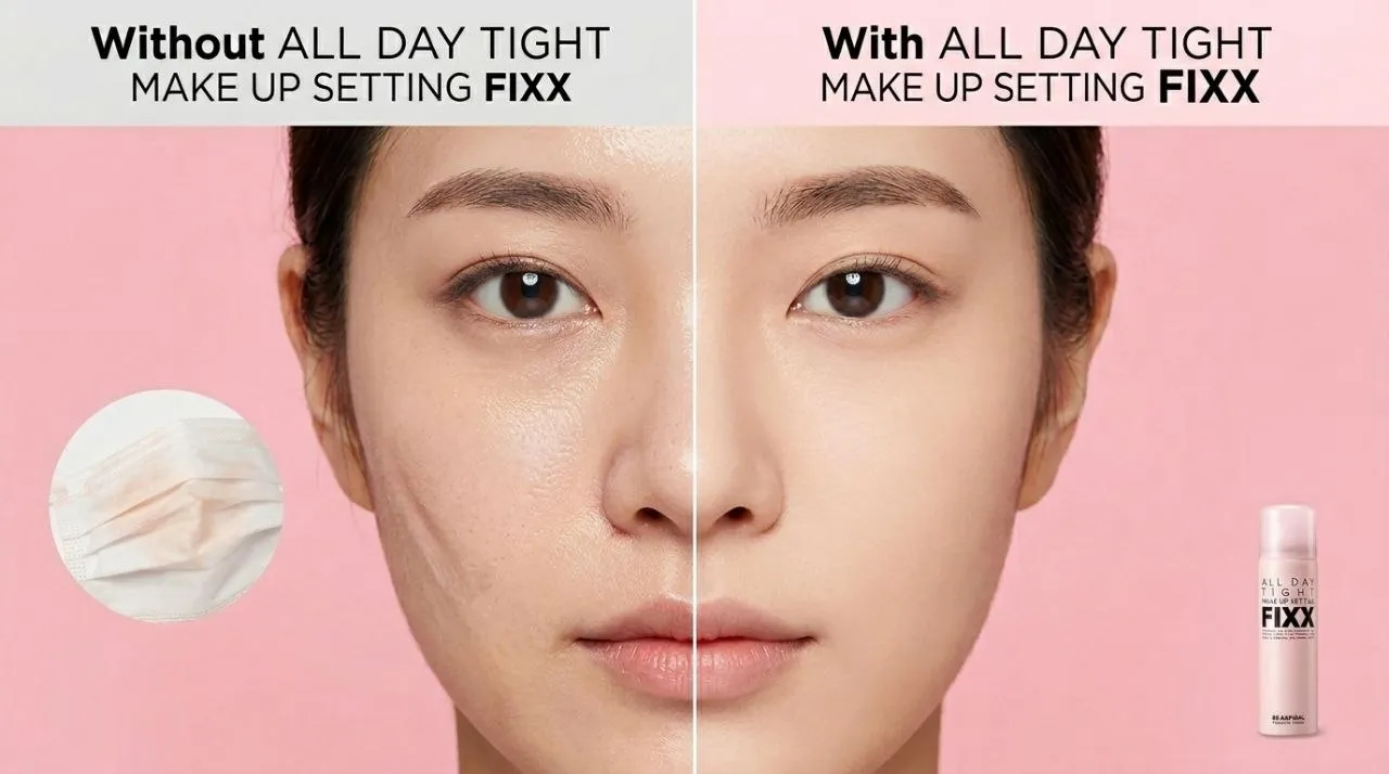 마스크를 착용한 여성의 얼굴 반쪽은 보송하고, 반쪽은 화장이 묻어난 모습을 비교하여 픽서의 효과를 보여주는 이미지